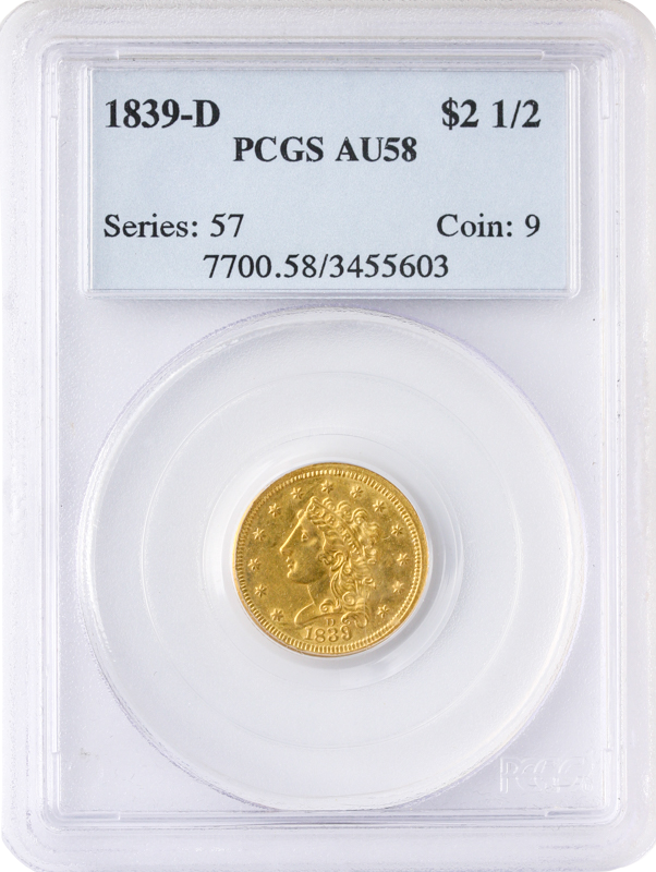 1839-D $2 1/2 Classic Hed PCGS AU58