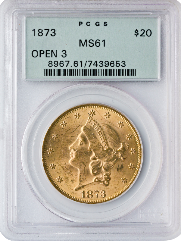 1873 $20 Liberty Open 3 PCGS MS61