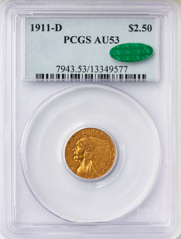 1911-D $2 1/2 Indian Gold Coin PCGS AU53 CAC