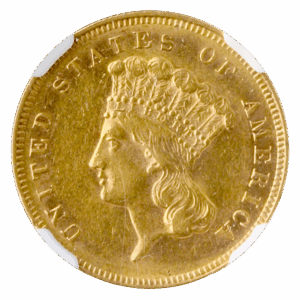 1868 $3 Indian Princess NGC AU58 CAC