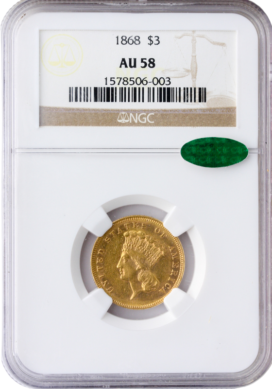 1868 $3 Indian Princess NGC AU58 CAC 1868 $3 Indian Princess NGC AU58 CAC