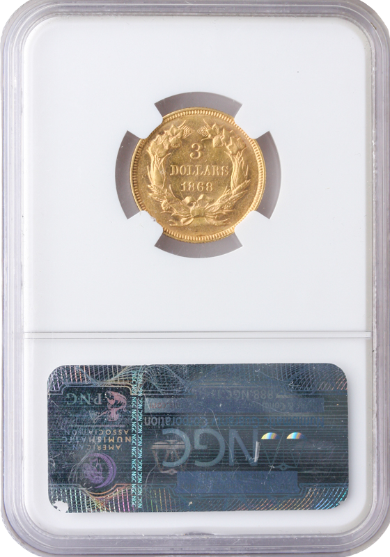 1868 $3 Indian Princess NGC AU58 CAC 1868 $3 Indian Princess NGC AU58 CAC
