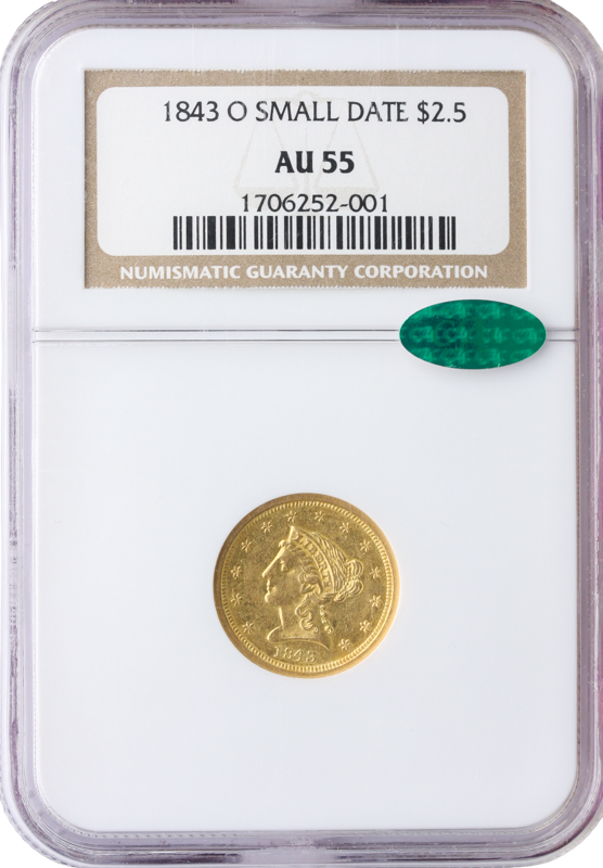 1843-O $2.50 Liberty NGC AU55 CAC 1843-O $2.50 Liberty NGC AU55 CAC