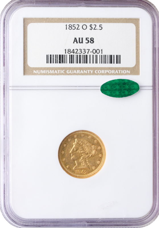 1852-O $2.50 Liberty NGC AU58 CAC 1852-O $2.50 Liberty NGC AU58 CAC