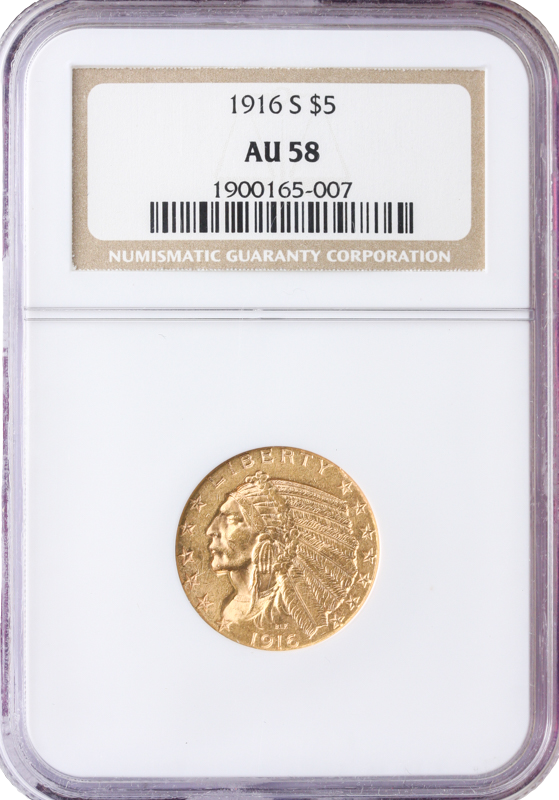 1916-S $5 Indian NGC AU58