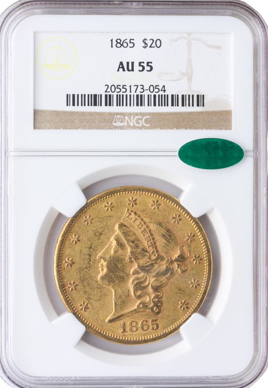 1865 $20 Liberty NGC AU55 CAC 1865 $20 Liberty NGC AU55 CAC
