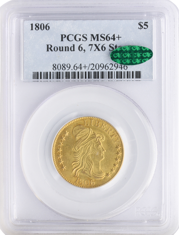 1806 $5 Draped Bust Round 6 PCGS MS64 CAC