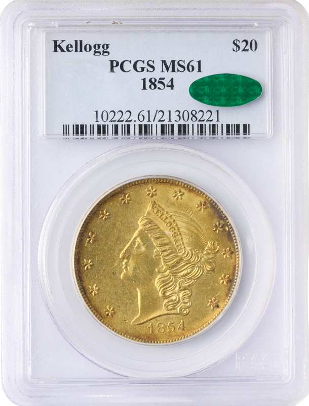 1854 $20 KELLOGG PCGS MS61 CAC
