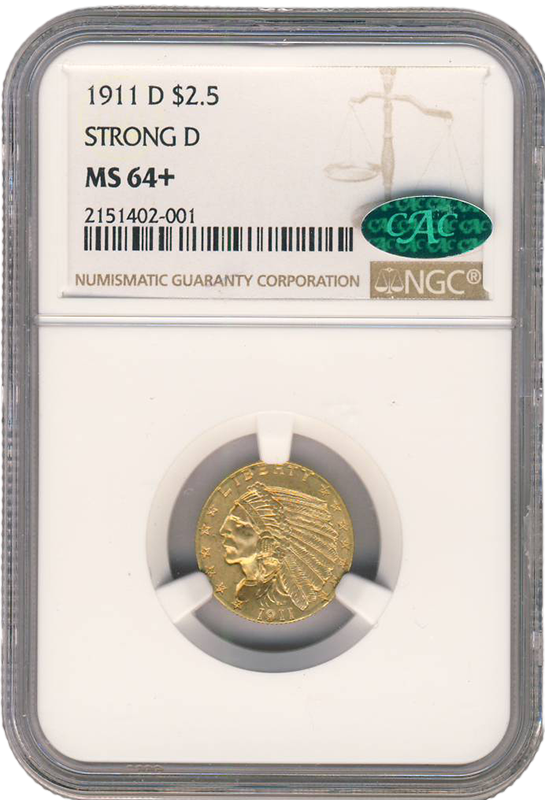 1911-D $2.50 Indian NGC MS64 CAC + 1911-D $2.50 Indian NGC MS64 CAC +