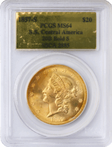 1857-S $20 Liberty SSCA Bold S PCGS MS64