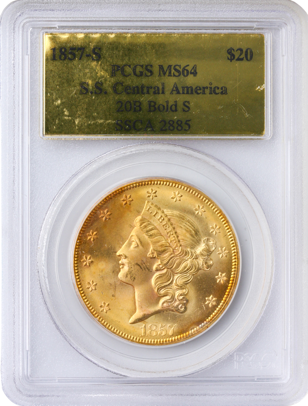 1857-S $20 Liberty SSCA Bold S PCGS MS64