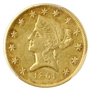 1861 $10 Clark Gruber 10141 PCGS AU55