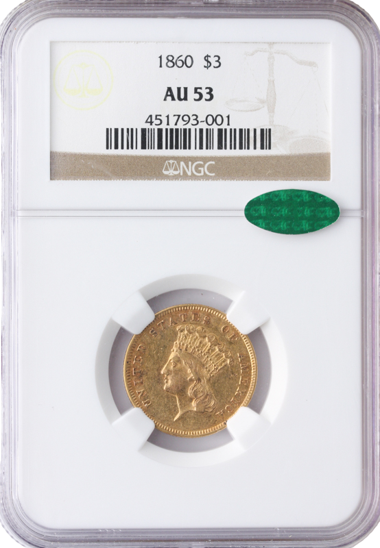 1860 $3 Inidan Princess NGC AU53 CAC 1860 $3 Inidan Princess NGC AU53 CAC