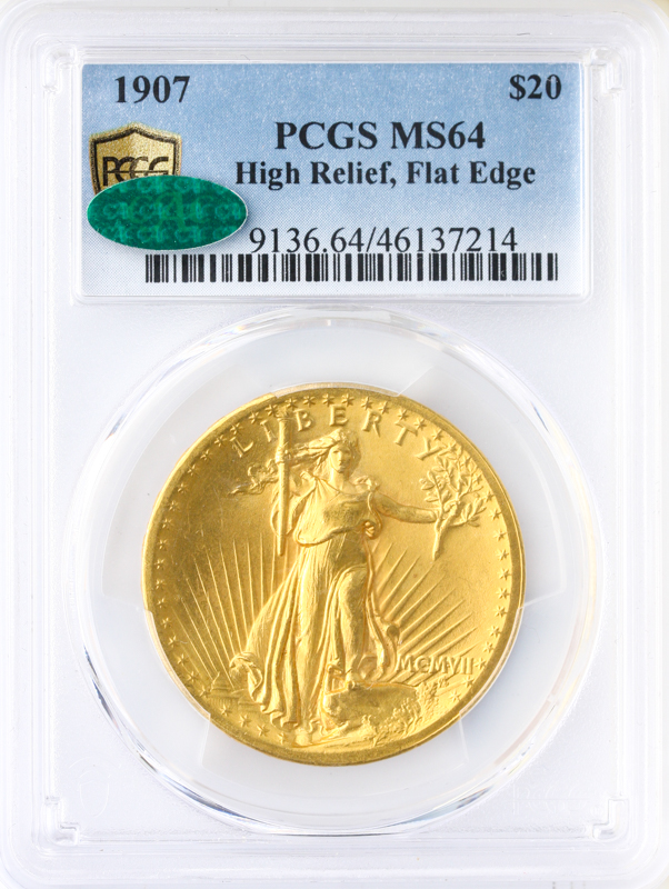1907 $20 Saint Gaudens High Relief Flat Edge PCGS MS64 CAC