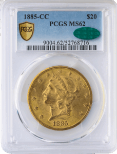 1885-CC $20 Liberty Head Gold Double Eagle PCGS MS62 CAC