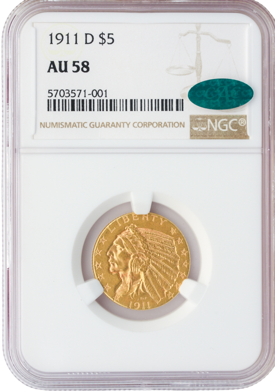 1911-D $5 Indian NGC AU58 CAC