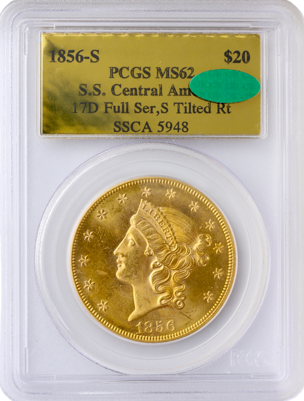 1856-S $20 Liberty SSCA Full Serif S Tilted Right PCGS MS62 CAC 1856-S $20 Liberty SSCA Full Serif S Tilted Right PCGS MS62 CAC