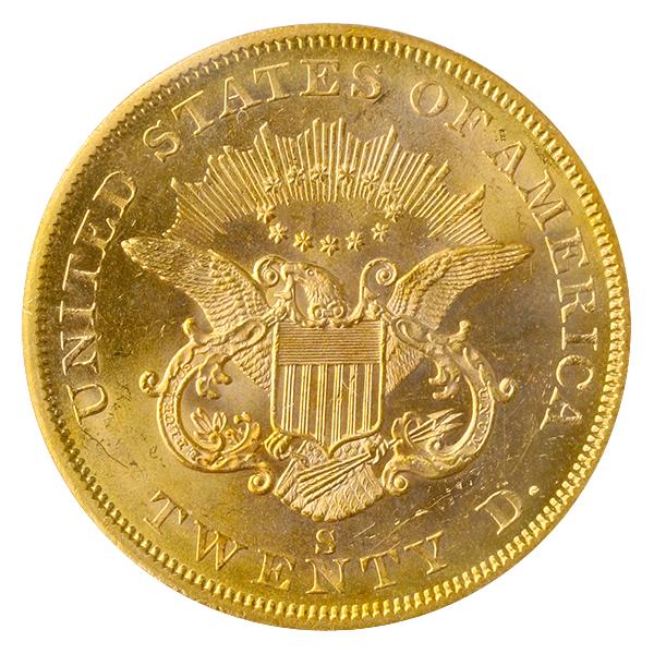 1856-S $20 Liberty SSCA Full Serif S Tilted Right PCGS MS62 CAC 1856-S $20 Liberty SSCA Full Serif S Tilted Right PCGS MS62 CAC