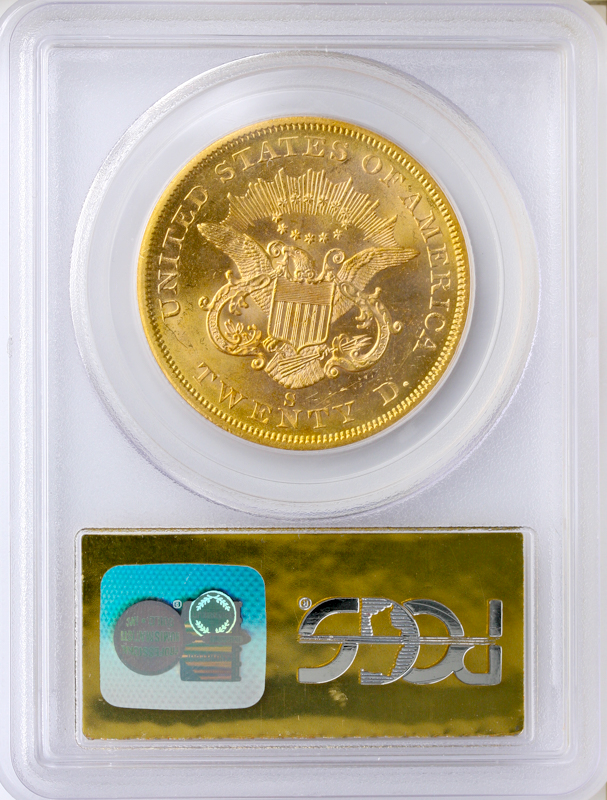 1856-S $20 Liberty SSCA Full Serif S Tilted Right PCGS MS62 CAC 1856-S $20 Liberty SSCA Full Serif S Tilted Right PCGS MS62 CAC