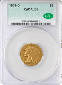 1909-O $5 Indian CACG AU55