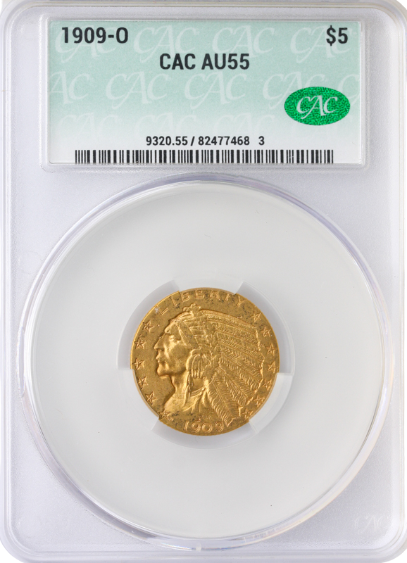 1909-O $5 Indian CACG AU55