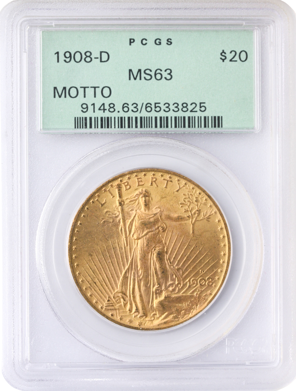 1908-D $20 Saint-Gaudens With Motto PCGS MS63