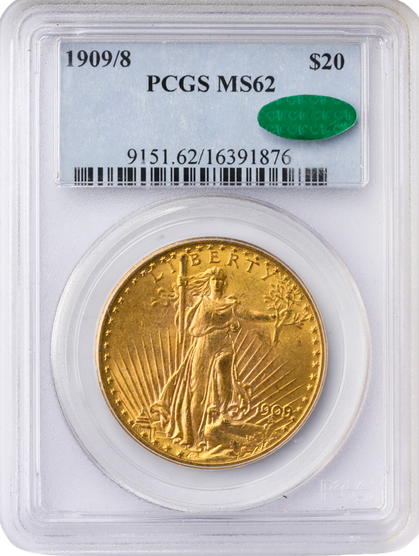 1909/8 $20 Saint Gaudens PCGS MS62 CAC