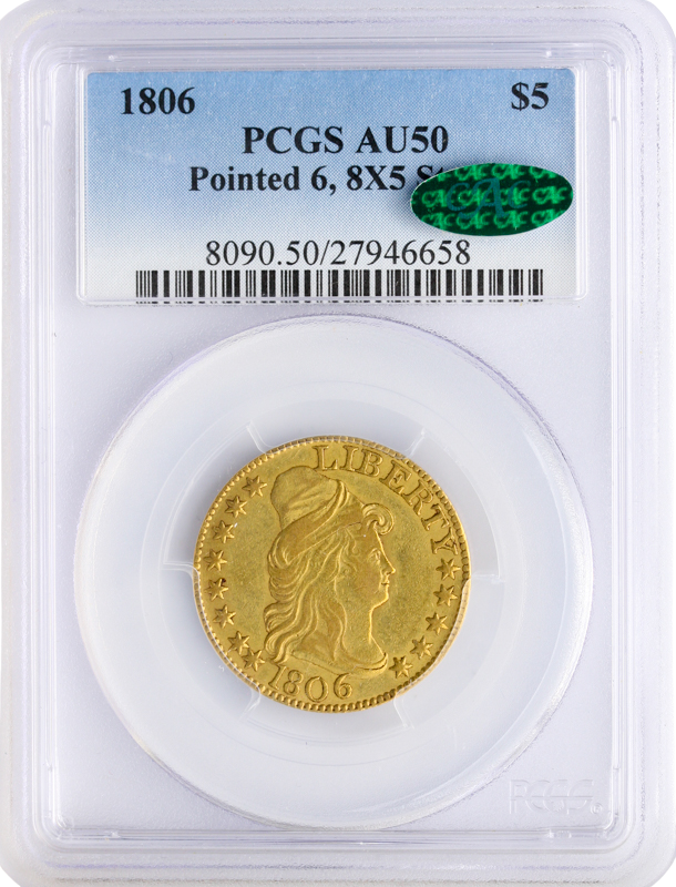 1806 $5 Draped Bust 8x5 Pointed 6 PCGS AU50 CAC