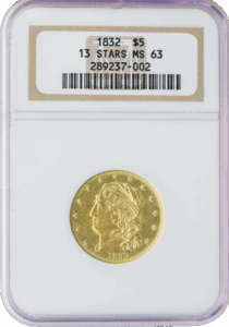 1832 $5 Capped Bust 13 Stars NGC MS63