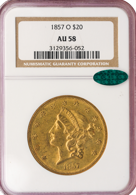1857-O $20 Liberty NGC AU58 CAC