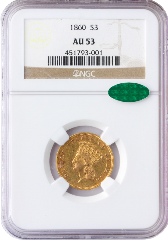 1860 $3 Inidan Princess NGC AU53 CAC 1860 $3 Inidan Princess NGC AU53 CAC