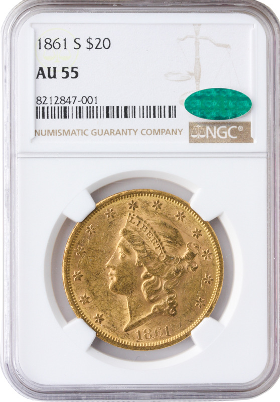 1861-S $20 Liberty NGC AU55 CAC 1861-S $20 Liberty NGC AU55 CAC