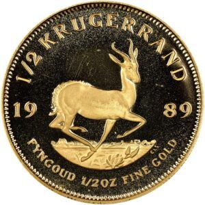 Krugerrand reverse side featuring springbok antelope design, showing 1/2 oz fractional size from 1989