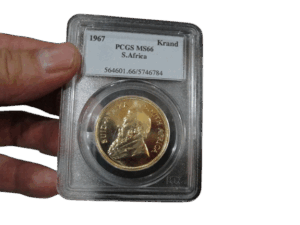 1967 first-year proof Krugerrand with 220 serrations, graded MS66 by PCGS, showing Paul Kruger obverse design