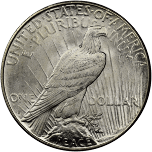 1922 Peace silver dollar reverse showing the 'S' mint mark for the San Francisco Mint, located left of the eagle’s tail feathers.