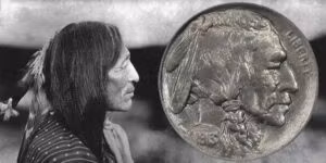  Iron Tail, Lakota chief who served as model for Buffalo Nickel design, photographed alongside the coin showing Fraser's authentic portrayal.
