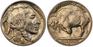 1937-D Three-Legged Buffalo Nickel error coin showing missing front right leg caused by over-polished die at Denver Mint.