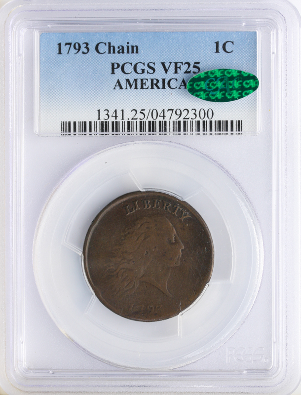 1793 Flowing Hair Chain Cent AMERICA PCGS VF25 CAC Brown 1793 Flowing Hair Chain Cent AMERICA PCGS VF25 CAC Brown