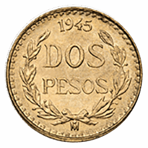 Mexican Gold 2 Peso Coin (Circulated, Dates Vary)