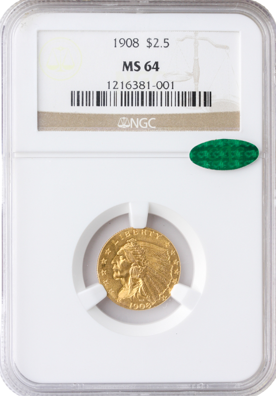 1908 $2 1/2 Indian NGC MS64 CAC