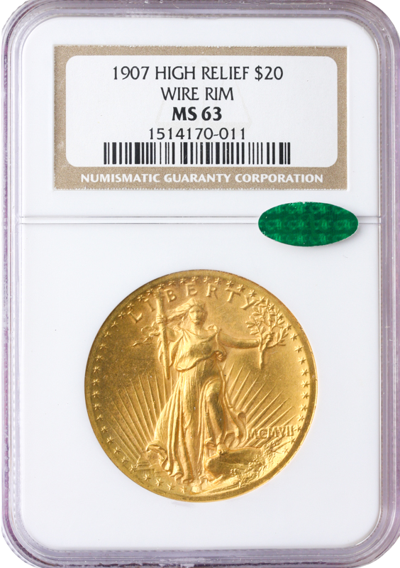 1907 $20 Saint Gaudens Wire Edge High Relief NGC MS63 CAC