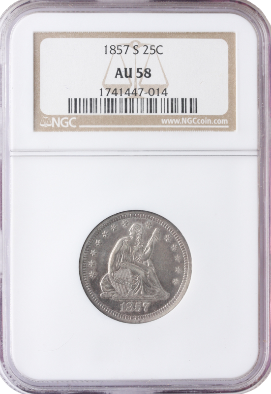 1857-S Standing Liberty Quarter No Motto NGC AU58 1857-S Standing Liberty Quarter No Motto NGC AU58