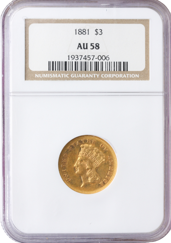 1881 $3 Indian Princess NGC AU58