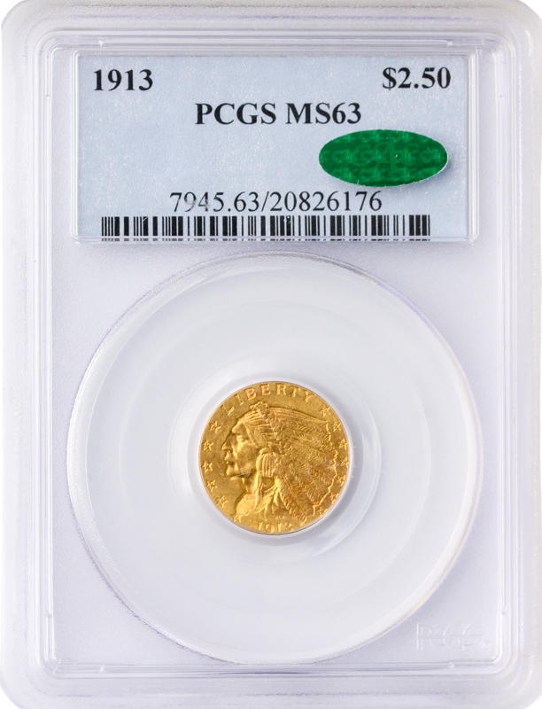 1913 $2 1/2 Indian PCGS MS63  CAC