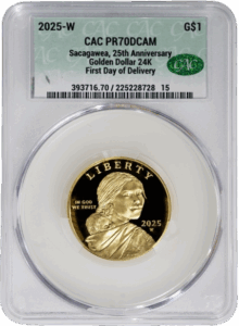 2025-W 25th Anniversary Sacagawea Golden Dollar CACG PR70DCAM First Day of Delivery