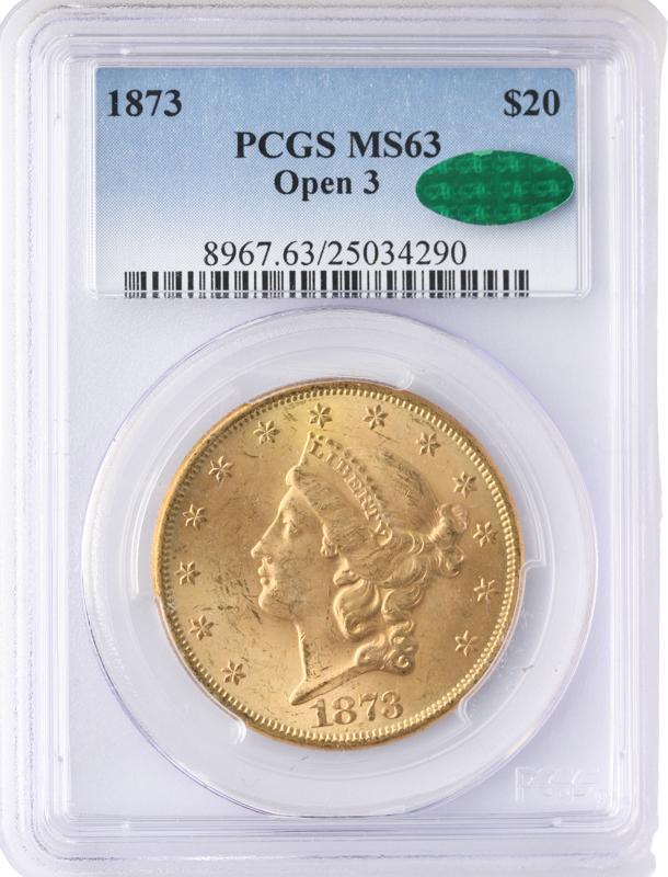1873 $20 Liberty Open 3 PCGS MS63 CAC