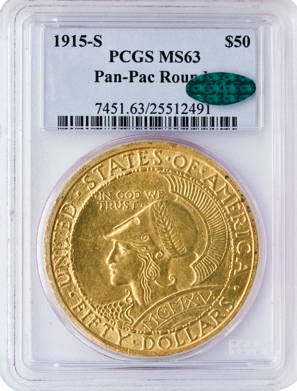 1915-S $50 Panama Pacific Round PCGS MS63 CAC