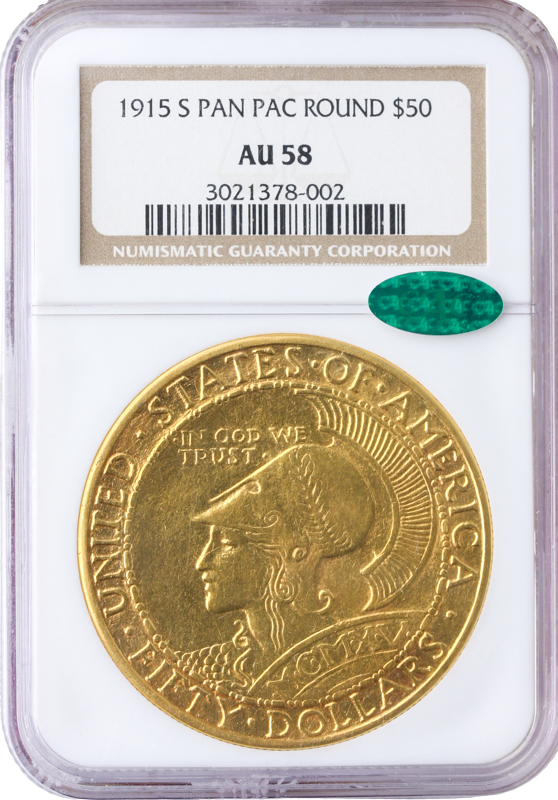 1915-S Panama Pacific $50 Round NGC AU58 CAC 1915-S Panama Pacific $50 Round NGC AU58 CAC