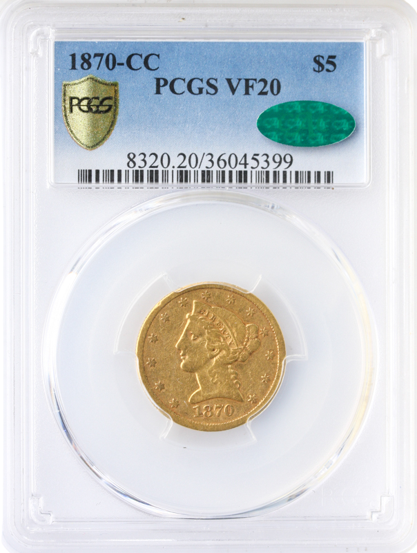 1870-CC $5 Liberty PCGS VF20 CAC