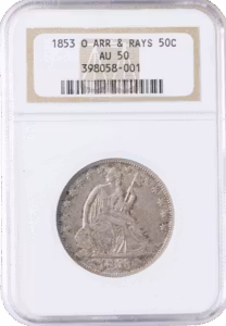 1853-O Standing Liberty Half Arrows and Rays NGC AU50